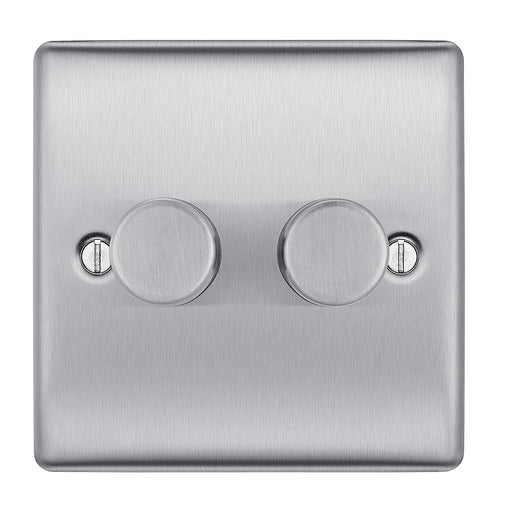 BG Nexus NBS82P Brushed Steel 400W 2 Gang 2 Way Push Dimmer - BG - sparks-warehouse