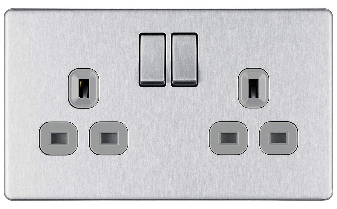 BG FBS22G Screwless Flat Plate Brushed Steel 2G DP Switched Socket - Grey Insert - BG - sparks-warehouse