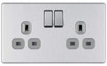 BG FBS22G Screwless Flat Plate Brushed Steel 2G DP Switched Socket - Grey Insert - BG - sparks-warehouse