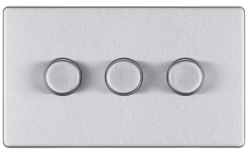 BG FBS83P Screwless Flat Plate Brushed Steel 400W 3 Gang 2 Way Push Dimmer - BG - sparks-warehouse