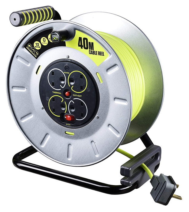 BG Masterplug OTLU40134SL-PX - Pro XT 4 Gang Large Metal Open Cable Reel with Switch and LED 40m - BG - Sparks Warehouse
