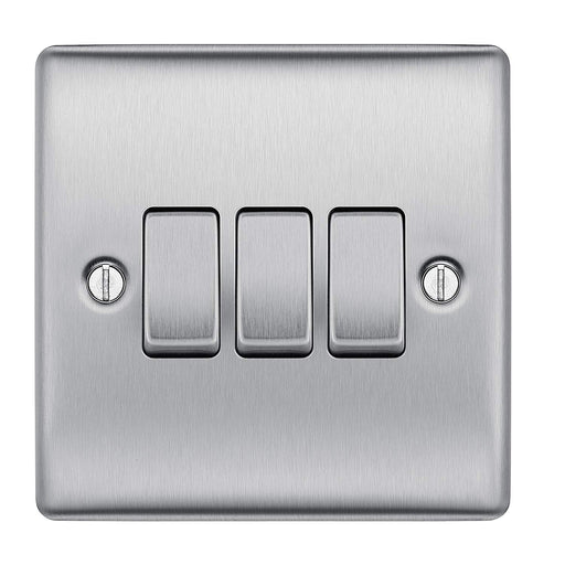 BG Nexus NBS43 Brushed Steel 10AX 3 Gang 2 Way Plate Switch - BG - sparks-warehouse