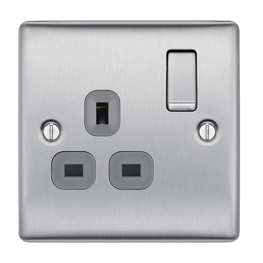BG Nexus NBS21G Gang Brushed Steel 13A 1G Double Pole Switched Socket Grey Inserts - BG - sparks-warehouse