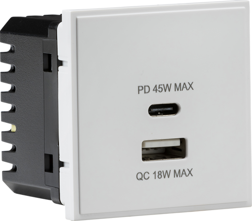 Knightsbridge NETUSBPDWH Dual USB charger A+C (18W QC / 45W USB-PD) 50 x 50mmm - white  Sparks Warehouse - Sparks Warehouse