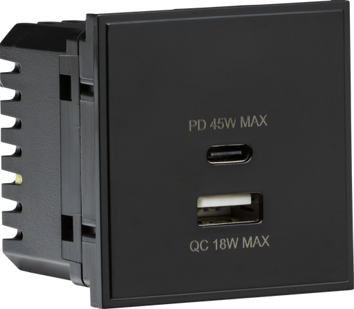 Knightsbridge NETUSBPDBK Dual USB charger A+C (18W QC / 45W USB-PD) 50 x 50mmm - black  Sparks Warehouse - Sparks Warehouse