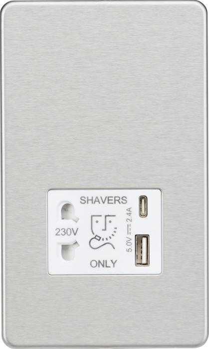 Knightsbridge SF8909BCW Screwless Dual Voltage Shaver Socket with USB - Brushed Chrome with White Inserts KB Knightsbridge - Sparks Warehouse