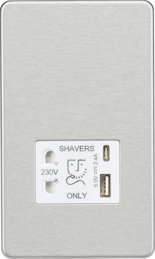 Knightsbridge SF8909BCW Screwless Dual Voltage Shaver Socket with USB - Brushed Chrome with White Inserts KB Knightsbridge - Sparks Warehouse