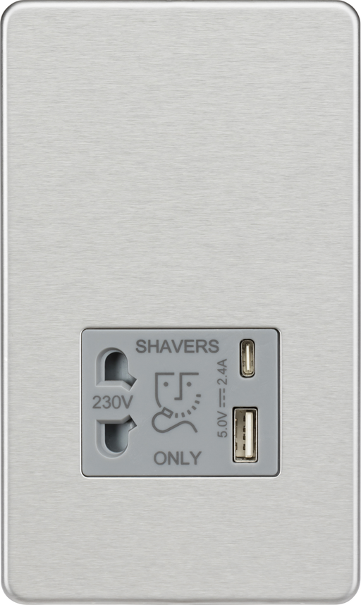 Knightsbridge SF8909BCG Screwless Dual Voltage Shaver Socket with USB - Brushed Chrome with Grey Inserts KB Knightsbridge - Sparks Warehouse