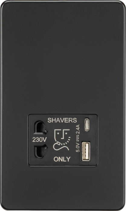 Knightsbridge SF8909MB Screwless Dual Voltage Shaver Socket with USB -  Matt Black Knightsbridge Screwless Flat Plate Matt Black Knightsbridge - Sparks Warehouse
