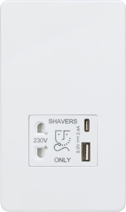 Knightsbridge SF8909MW Screwless Dual Voltage Shaver Socket with USB - Matt White Knightsbridge Screwless Flat Plate Matt White Knightsbridge - Sparks Warehouse