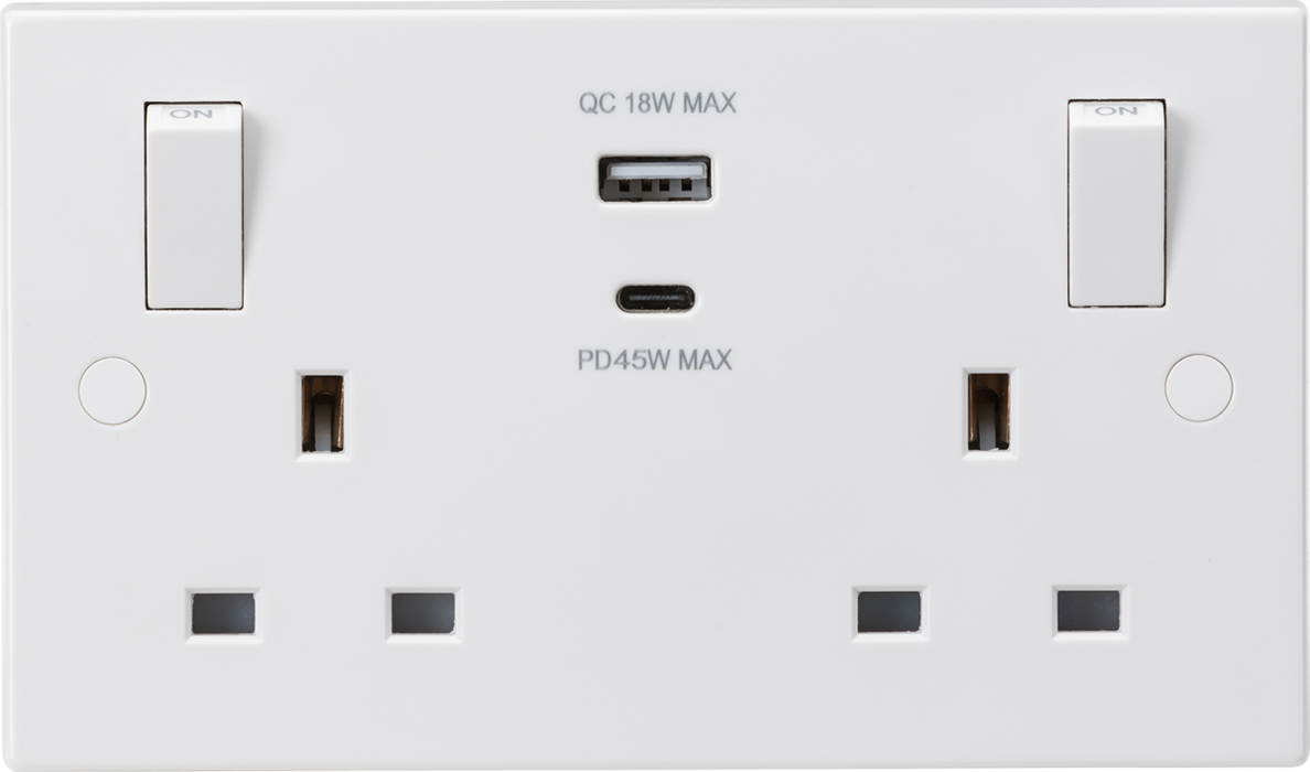 Knightsbridge SN9003 13A 2G Switched socket with outboard rockers and dual USB (A+C) QC18W / USB-PD 45W  Sparks Warehouse - Sparks Warehouse