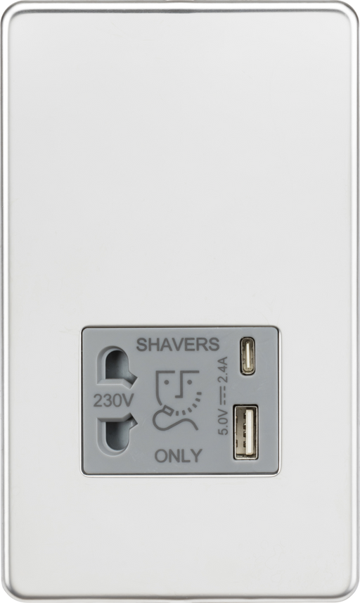 Knightsbridge SF8909PCG Screwless Dual Voltage Shaver Socket with USB - Polished Chrome with Grey Inserts KB Knightsbridge - Sparks Warehouse