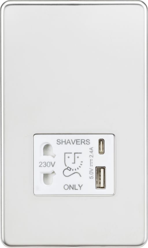 Knightsbridge SF8909PCW Screwless Dual Voltage Shaver Socket with USB - Polished Chrome with White Inserts KB Knightsbridge - Sparks Warehouse