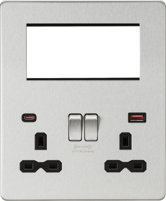 Knightsbridge SFR994BC Screwless Small Multimedia Combination  Plate with FASTCHARGE - Brushed Chrome  Sparks Warehouse - Sparks Warehouse