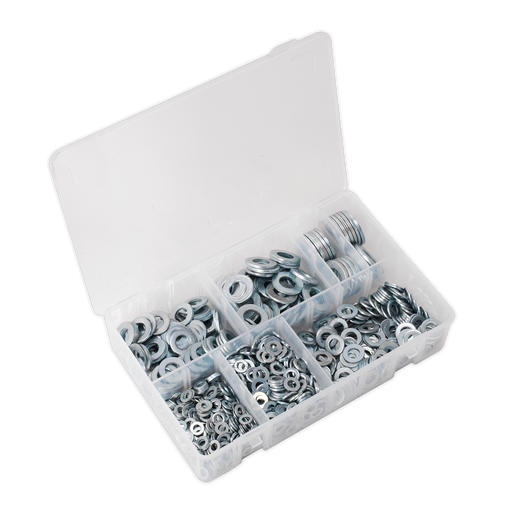 Sealey - AB055WA Flat Washer Assortment 1070pc M5-M16 Form A Metric DIN 125 Consumables Sealey - Sparks Warehouse