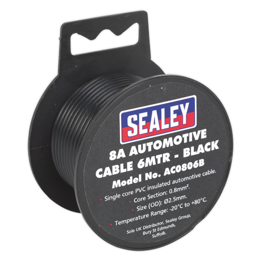 Sealey - AC0806B Automotive Cable Thick Wall 8A 6m Black Consumables Sealey - Sparks Warehouse
