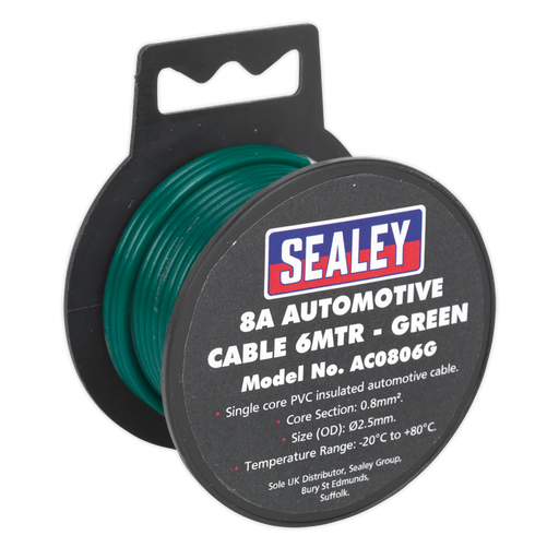 Sealey - AC0806G Automotive Cable Thick Wall 8A 6m Green Consumables Sealey - Sparks Warehouse