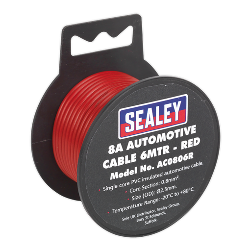 Sealey - AC0806R Automotive Cable Thick Wall 8A 6m Red Consumables Sealey - Sparks Warehouse