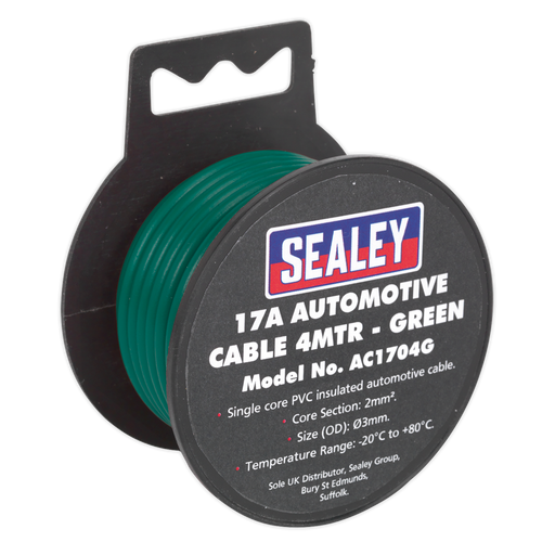 Sealey - AC1704G Automotive Cable Thick Wall 17A 4m Green Consumables Sealey - Sparks Warehouse