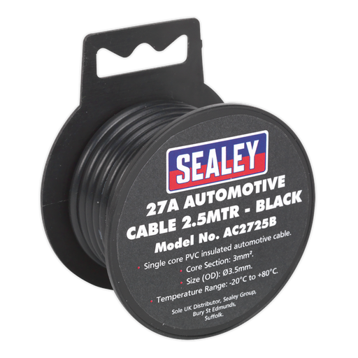 Sealey - AC2725B Automotive Cable Thick Wall 27A 2.5m Black Consumables Sealey - Sparks Warehouse