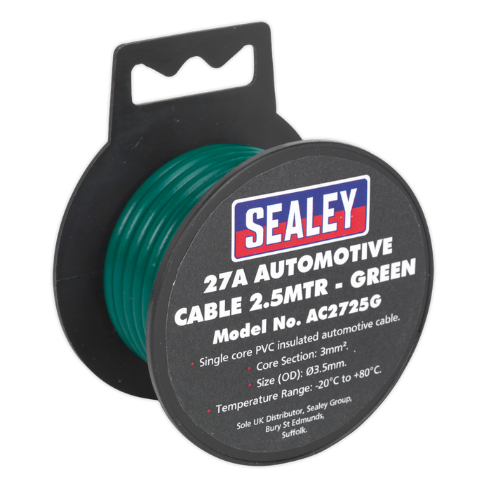 Sealey - AC2725G Automotive Cable Thick Wall 27A 2.5m Green Consumables Sealey - Sparks Warehouse