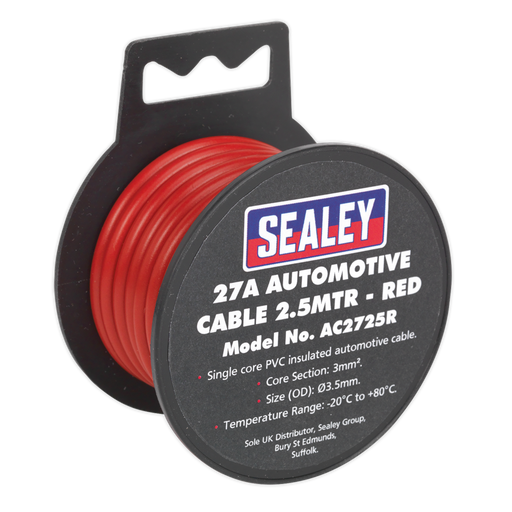 Sealey - AC2725R Automotive Cable Thick Wall 27A 2.5m Red Consumables Sealey - Sparks Warehouse