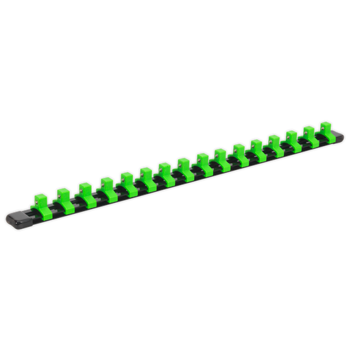 Sealey - AK27053HV Socket Retaining Rail with 16 Clips 3/8"Sq Drive - Hi-Vis Green Hand Tools Sealey - Sparks Warehouse