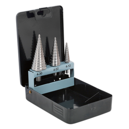 Sealey - AK4746 HSS 4341 Step Drill Bit Set 3pc Double Flute Consumables Sealey - Sparks Warehouse