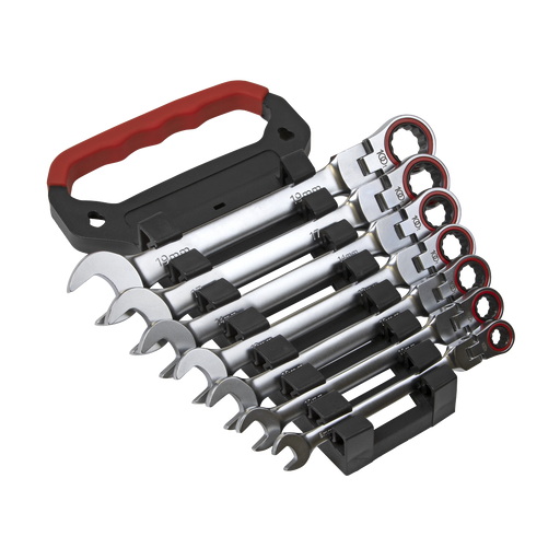 Sealey - AK63943 Flexi-Head Ratchet Combination Spanner Set 7pc Metric Hand Tools Sealey - Sparks Warehouse