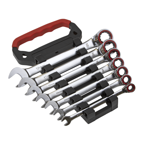 Sealey - AK63945 Reversible Ratchet Combination Spanner Set 7pc Metric Hand Tools Sealey - Sparks Warehouse