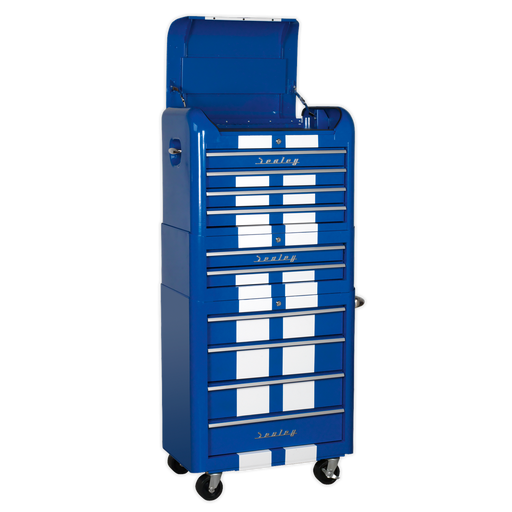Sealey AP28COMBO2BWS - Retro Style Topchest, Mid-Box & Rollcab Combination 10 Drawer Blue/White Stripes Storage & Workstations Sealey - Sparks Warehouse