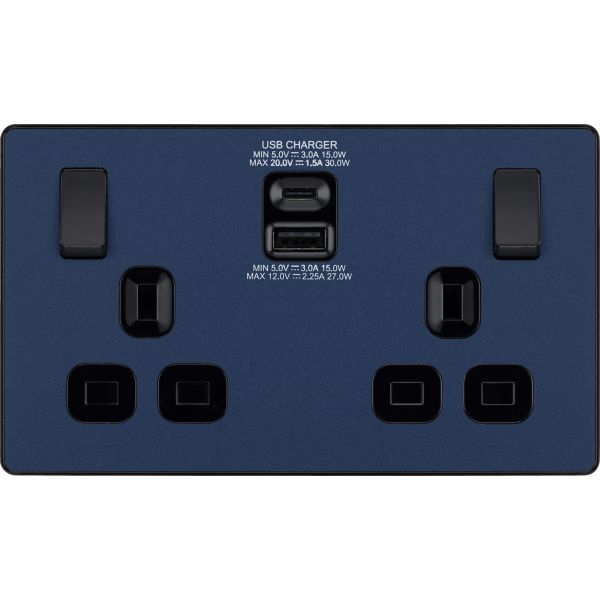 BG Evolve - PCDDB22UAC30B - Matt Blue (Black) Double Switched 13A Power Socket + USB C 30W + USB A (2.1A) BG - Evolve - Screwless Matt Blue BG - Sparks Warehouse