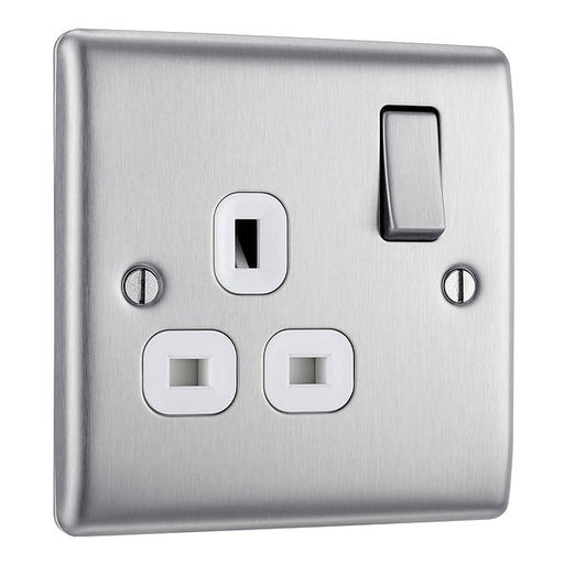 BG Nexus NBS21W Brushed Steel 13A 1G Double Pole Switched Socket White Inserts BG Nexus Metal - Brushed Steel BG - Sparks Warehouse