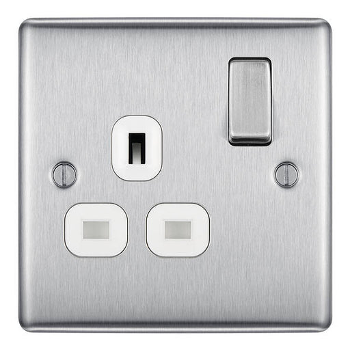 BG Nexus NBS21W Brushed Steel 13A 1G Double Pole Switched Socket White Inserts BG Nexus Metal - Brushed Steel BG - Sparks Warehouse