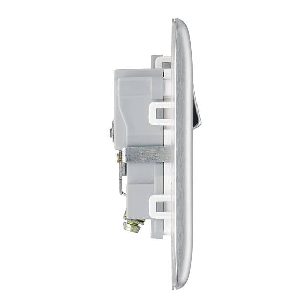 BG Nexus NBS21W Brushed Steel 13A 1G Double Pole Switched Socket White Inserts BG Nexus Metal - Brushed Steel BG - Sparks Warehouse