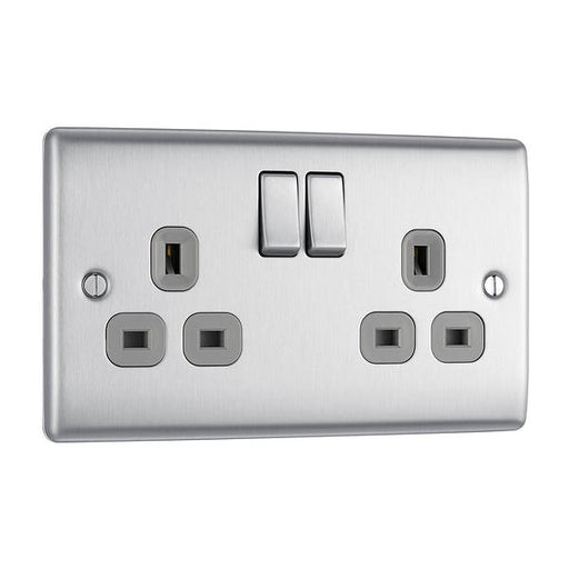 BG Nexus NBS22G 2 Gang Brushed Steel 13A Socket - Grey Inserts BG Nexus Metal - Brushed Steel BG - Sparks Warehouse