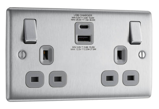 BG Nexus NBS22UAC30G Brushed Steel 13A Switched USB Socket with Type A & Type C 4.2A BG Nexus Metal - Brushed Steel BG - Sparks Warehouse