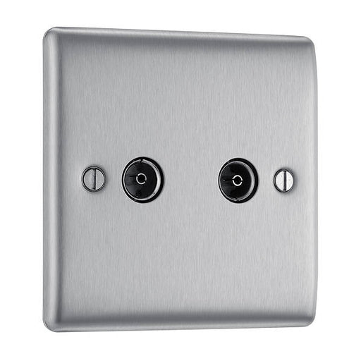 BG Nexus NBS61 Brushed Steel Co-Axial Socket 2 Gang Socket BG - Sparks Warehouse