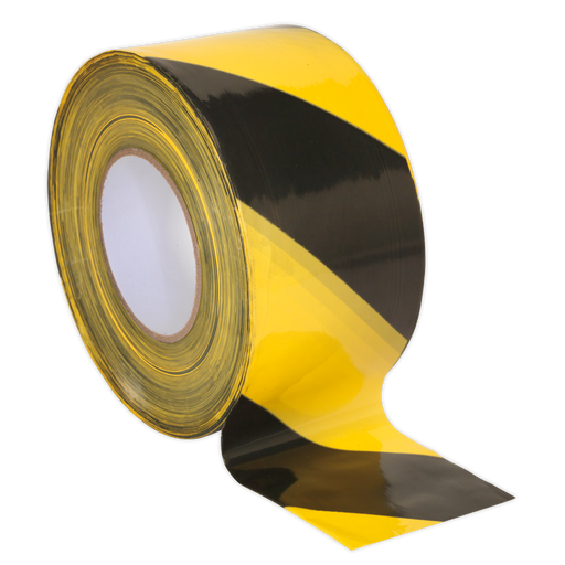 Sealey - BTBY Hazard Warning Barrier Tape 80mm x 100m Black/Yellow Non-Adhesive Consumables Sealey - Sparks Warehouse