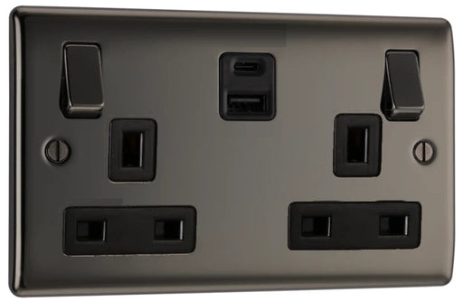 2 gang Double Pole Switched Socket with 1 x USB Type A Quick Charge + 1 x USB Type C - Black Nickel Caradok - The Curve - Black Nickel Caradok - Sparks Warehouse