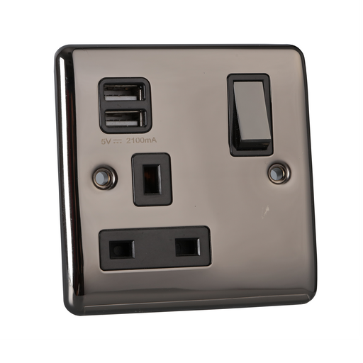 Caradok 1 Gang 2.1A Plug Socket with USB Sockets - Black Nickel Caradok - The Curve - Black Nickel Caradok - Sparks Warehouse