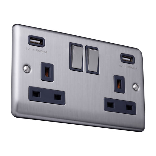 Caradok 2 Gang Double Pole switched socket with USB sockets - Brushed Steel Caradok - The Curve - Brushed Steel Caradok - Sparks Warehouse