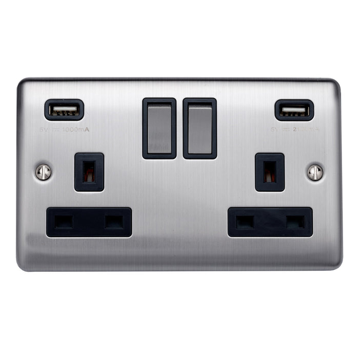 Caradok 2 Gang Double Pole switched socket with USB sockets - Brushed Steel Caradok - The Curve - Brushed Steel Caradok - Sparks Warehouse