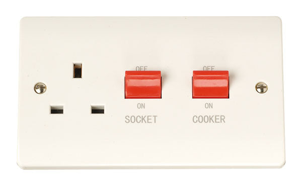 Scolmore Click CCA204  45A 1 Gang Cooker Switch With 13Amp Switched Socket - White Plastic Curva Scolmore - Sparks Warehouse