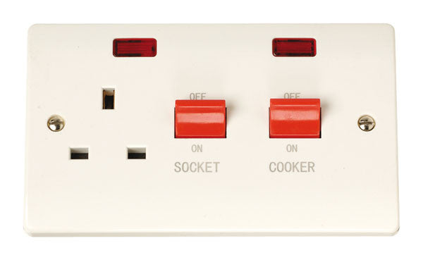 Scolmore Click CCA205 45A 2 Gang Cooker Switch With 13Amp Socket and Neons - White Plastic Curva Scolmore - Sparks Warehouse