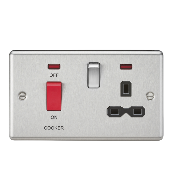 Knightsbridge CL83BC 45A DP Cooker Switch & 13A Switched Socket - Neon & Black Insert - Rounded Edge Brushed Chrome Cooker Control Unit Knightsbridge - Sparks Warehouse