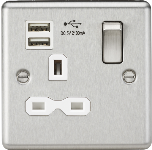 Knightsbridge CL91BCW 13A 1G DP Switched Socket, Dual USB White Insert - Rounded Edge Brushed Chrome Socket - With USB Knightsbridge - Sparks Warehouse
