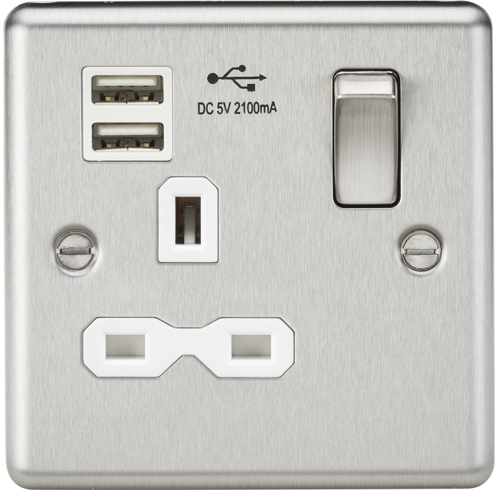 Knightsbridge CL91BCW 13A 1G DP Switched Socket, Dual USB White Insert - Rounded Edge Brushed Chrome Socket - With USB Knightsbridge - Sparks Warehouse