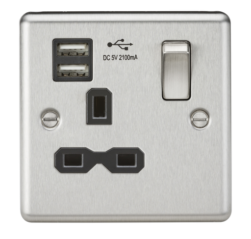Knightsbridge CL91BC 13A 1G DP Switched Socket, Dual USB Black Insert - Rounded Edge Brushed Chrome Socket - With USB Knightsbridge - Sparks Warehouse
