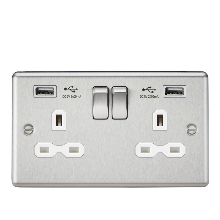 Knightsbridge CL9224BCW 13A 2G DP Switched Socket With White Inserts - USB Rounded Edge Brushed Chrome - Grey insert Double Pole Socket Knightsbridge - Sparks Warehouse